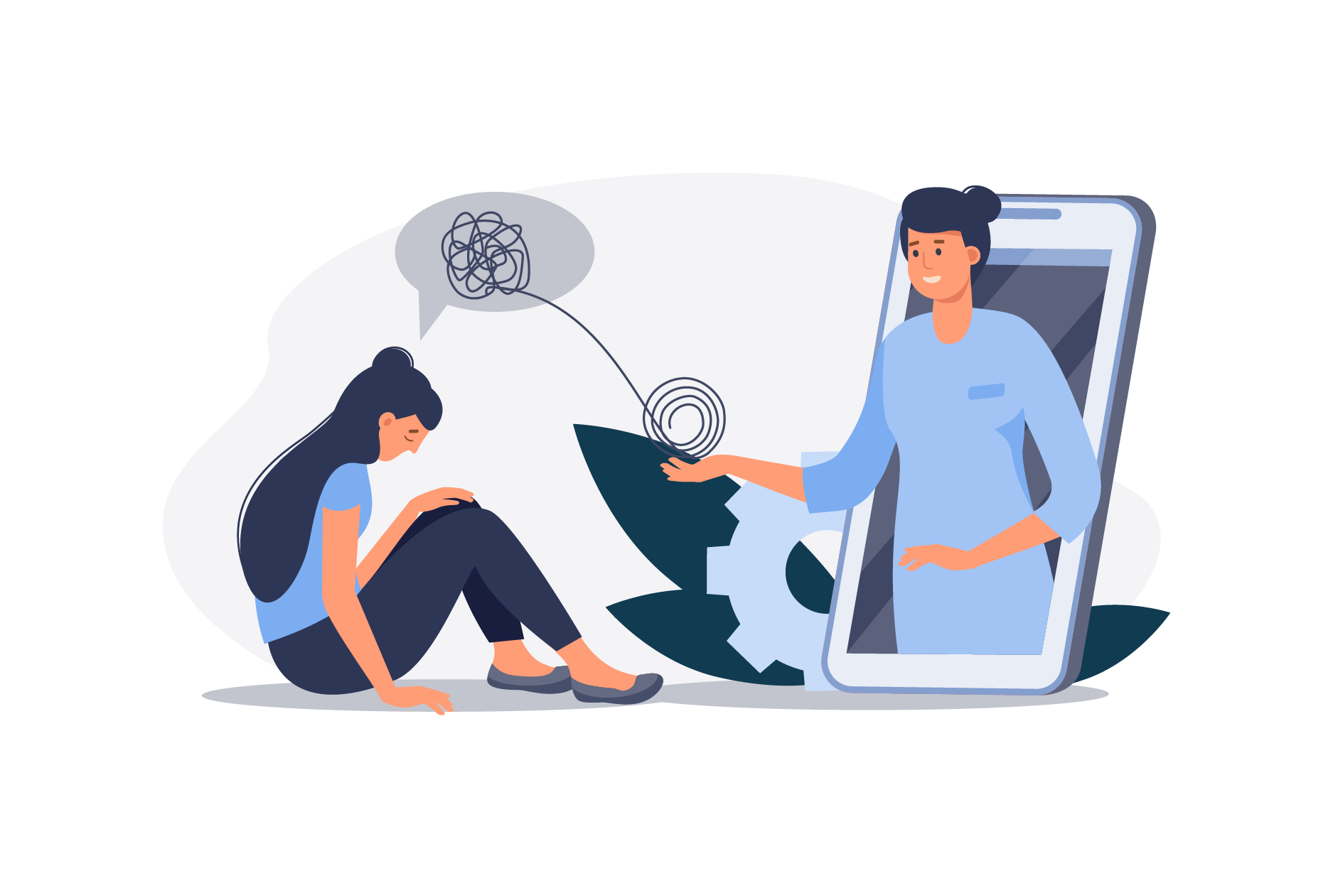 dibujo de una chica deprimida ayudada por una terapeuta online